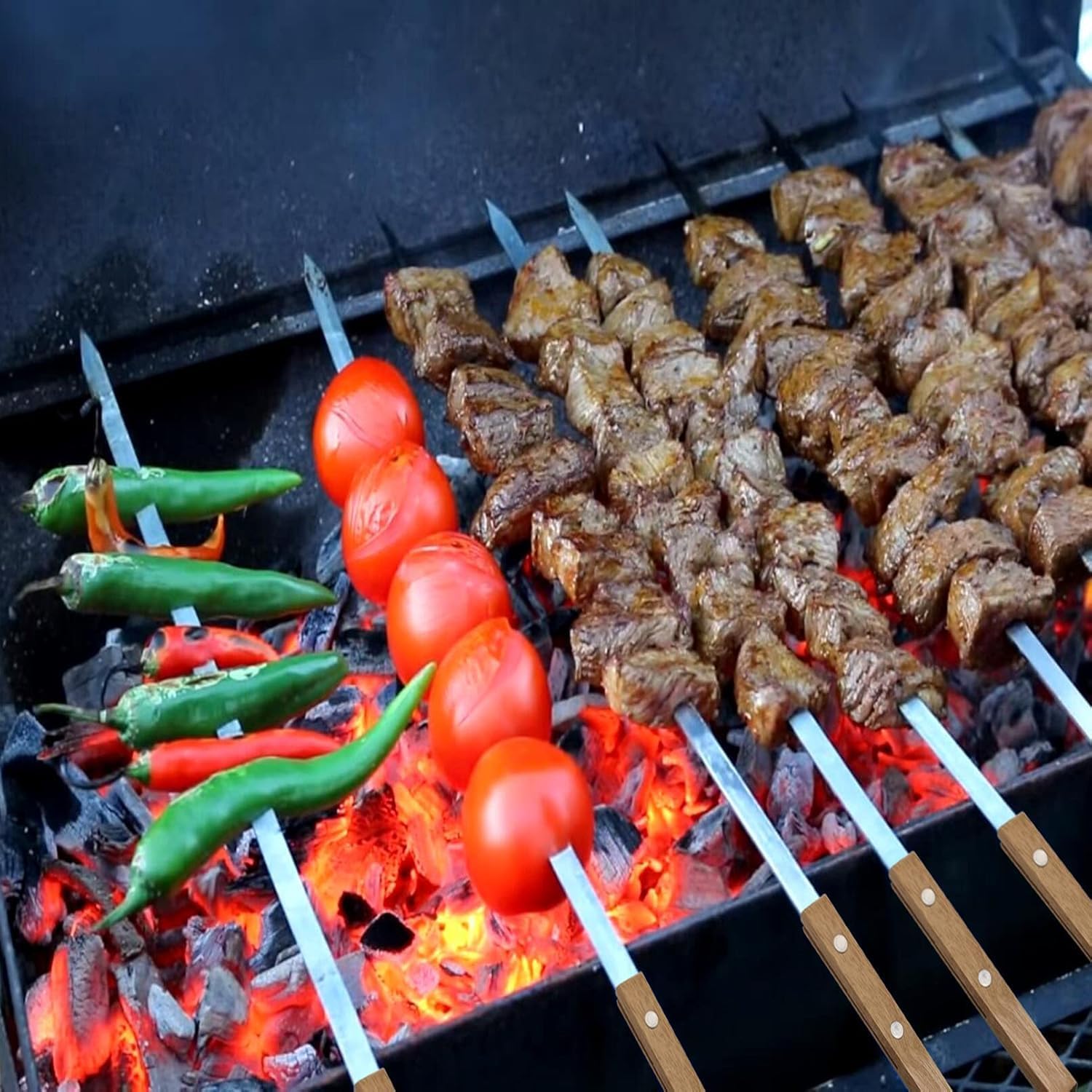 12 Pack Kebab Skewers 23.5 Inch Long Flat Stainless Steel Grilling BBQ Skewer Reusable Barbecue Skewers with Wood Handle,Ideal for Koubideh Persian Brazilian Chicken Shrimp Turkish Shish Kabob