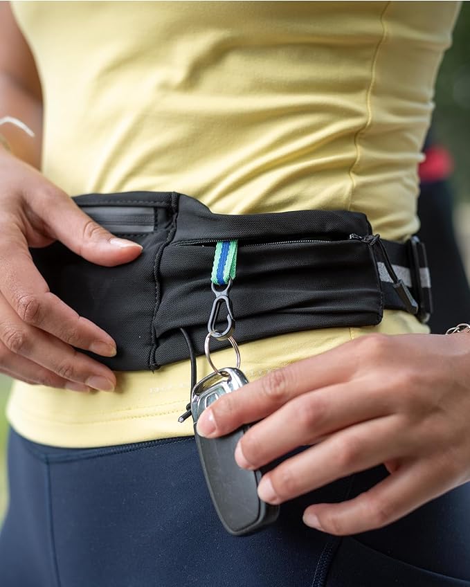 WATERFLY Running Belt Fanny Pack: Breathable 3 Pocket Waist Bag for Men Women Workout Exercise Fitness Phone Holder Fits ALL Phones - Runner Marathon Jogging Race Belt With Bib Clip Black