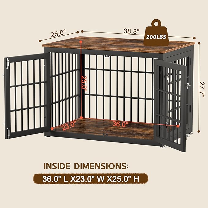 38 Inch Heavy Duty Dog Crate Furniture for Large and Medium Dogs, Decorative Pet House End Table, Wooden Cage Kennel Furniture Indoor, Rustic Brown