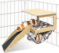 Guinea Pig Hideout，Natural Wood Removable Guinea Pig Bed, Small Animal Habitat with Hanging Hammock/Staircase/Cushion, Suitable for Small Animals to Hide, Rest, Play
