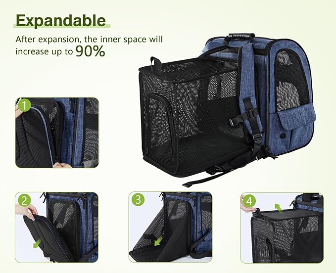Pecute Pet Carrier Backpack, Large Cat Carrier Backpack, Expandable Cat Backpack with Breathable Mesh for Medium Large Cats, and Small Dogs, Dog Backpack Carrier for Travel Hiking Blue