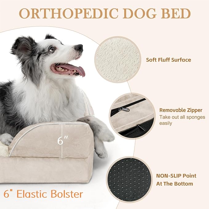 Comfort Expression XXL Dog Bed Waterproof, Extra Large Dog Beds Orthopedic Foam, Washable Dogs Sofa Bed Pet Beds with Removable Cover & Non-Slip Bottom(XX-Large,Beige)