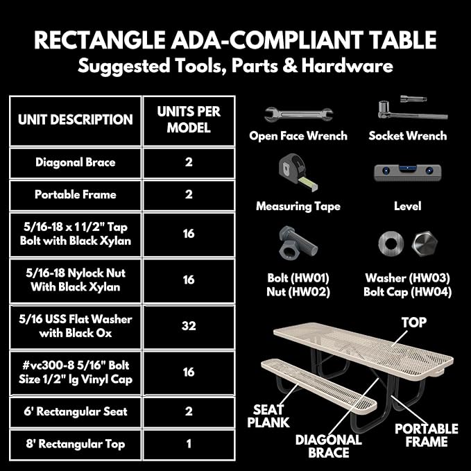T8H-DGRN Heavy Duty Rectangular Portable Picnic Table, Handicap Accessible on One End, 8 Ft, Dark Green, Made in America