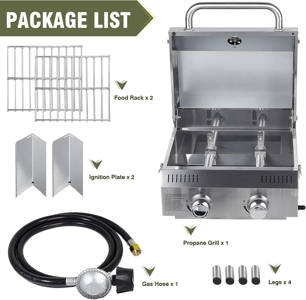 Bestfire Tabletop Gas Grill 2 Burners, 20,000 BTUs Stainless Steel Portable Propane Grill with Legs for Outdoor Patio Backyard Camping, Tailgating, and RV Trips