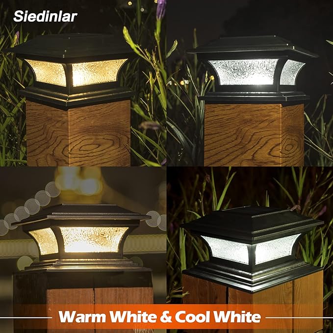 SIEDiNLAR Solar Post Lights Outdoor Glass LED Fence Cap Light 2 Modes for 4x4 5x5 6x6 Posts Deck Patio Garden Decoration Warm White/Cool White Lighting Black (2 Pack)