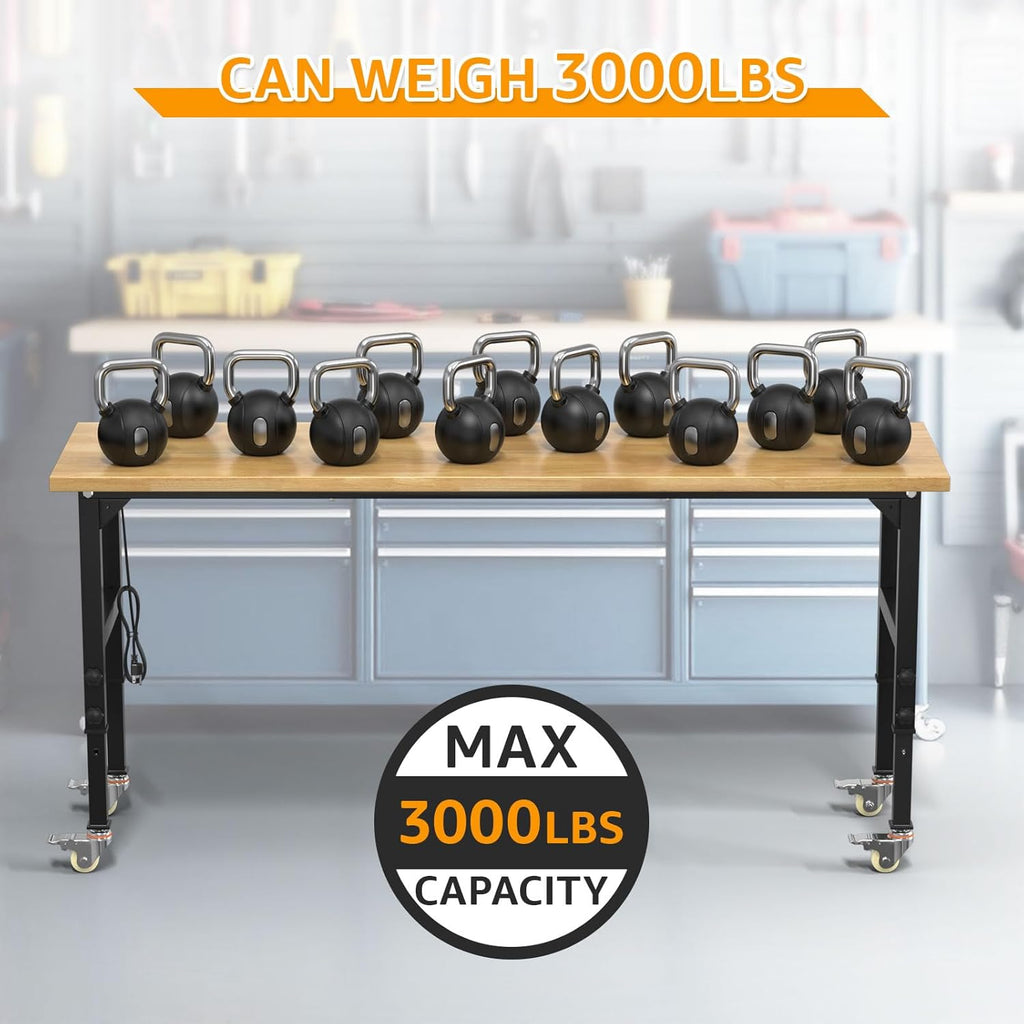 70" Adjustable Workbench,Heavy-Duty Work Table,3000 LBS Load Capacity Hardwood Workstation Outlets with Power Strips, Drawers and Wheels,for Workshop, Garage