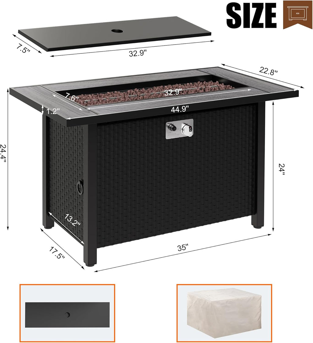 Walsunny 45 inch Outdoor Propane Fire Pit 50,000 BTU Gas Fire Pit Table with Lid, Lava Rock, Waterproof Cover, Rectangle Gas Firepit Table for Garden/Patio, CSA Certification