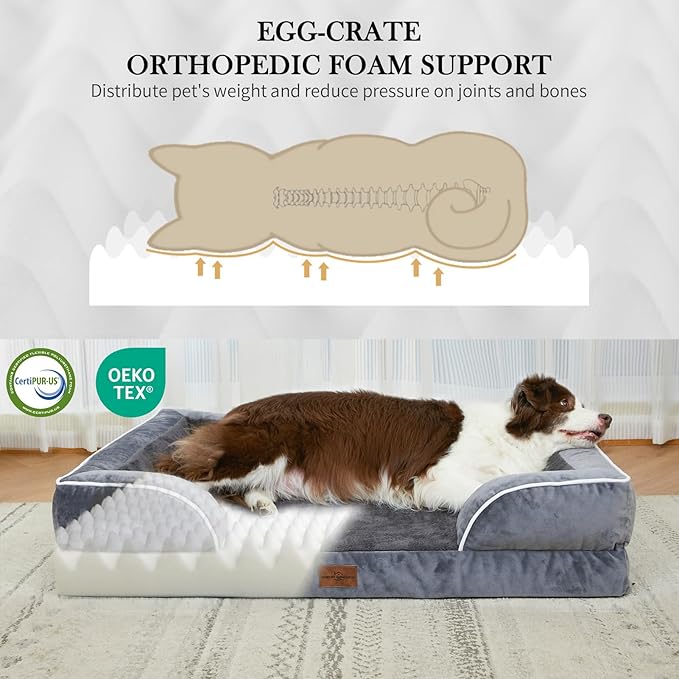 Comfort Expression Waterproof Large Dog Beds Orthopedic Foam Dog Beds Sofa Comfy Pet Bed with Washable Removable Cover & Non-Slip Bottom(Large,Dark Grey)