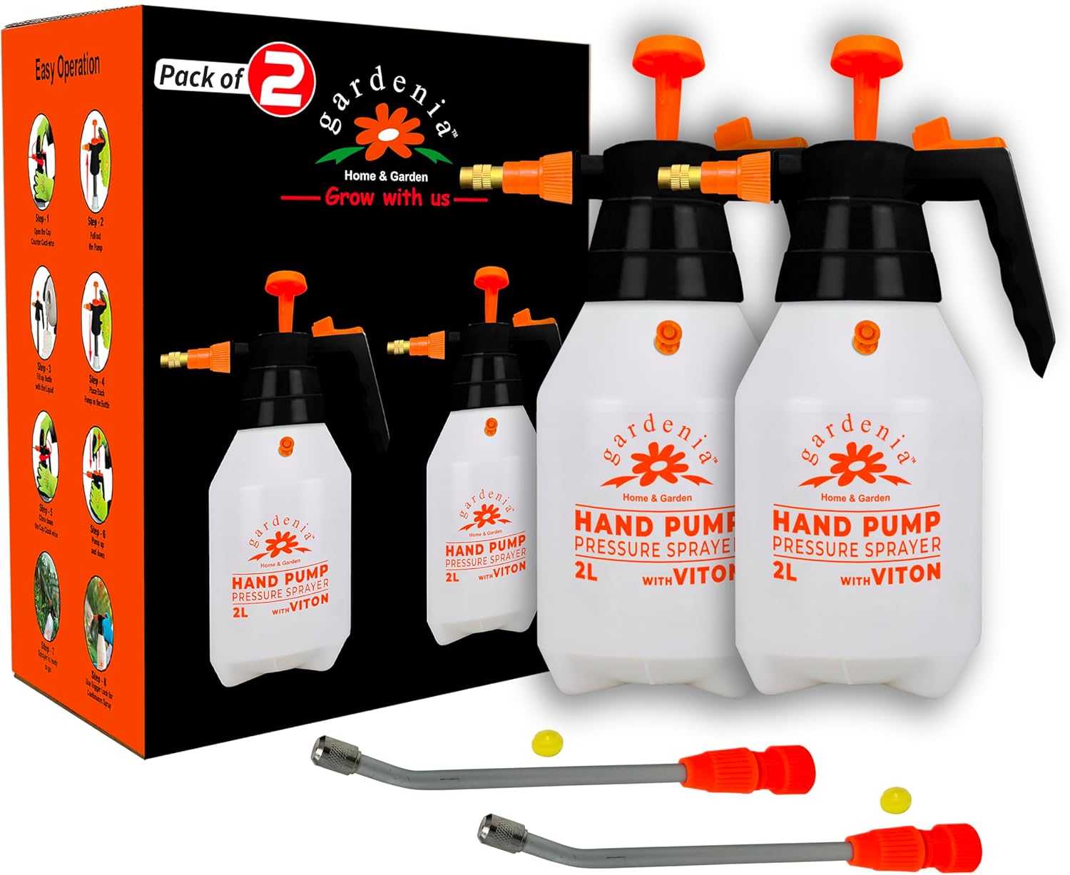 Handheld Pumping Sprayer Viton Seals Sprayers in Lawn and Garden, Spray Bottles for Cleaning Chemical Sprayer Continuous Spray Bottle for Plants 2 Pack 2L (0.53 Gal / 68oz)