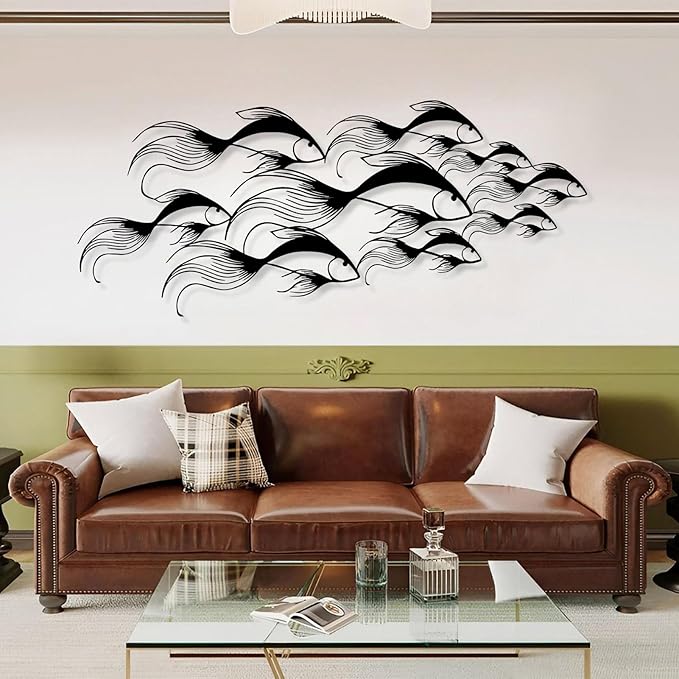 School of Fish Metal Wall Art, Metal Fish Wall Decor, Sea Life Wall Art, Large Nautical Wall Hanging, Modern Beach House Wall Decor, Ocean Themed Artwork for Bathroom (Silver, 24"x10" | 60x25cm)
