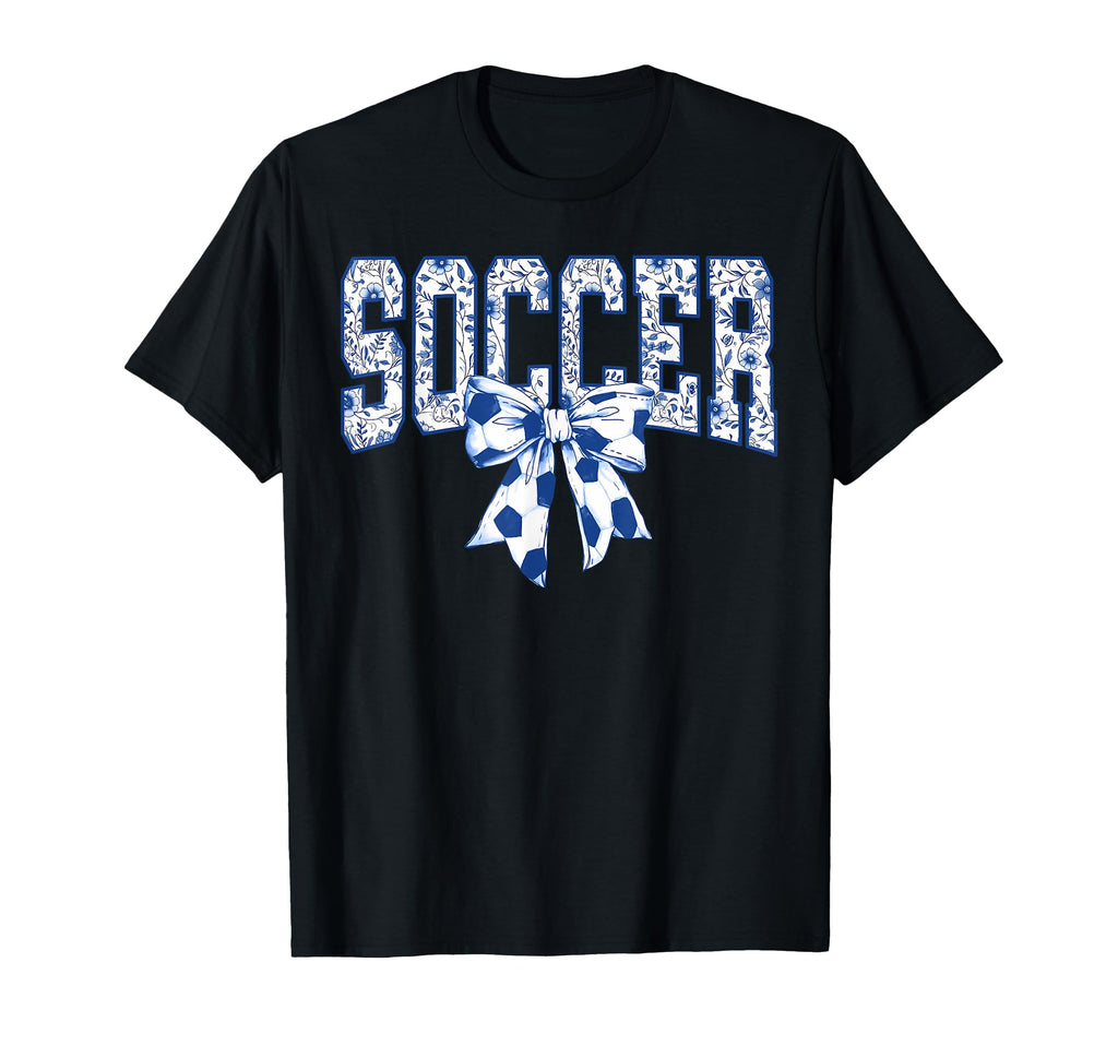 Soccer Floral Toile Blue Coquette Bow T-Shirt - Graphic Print Men Women