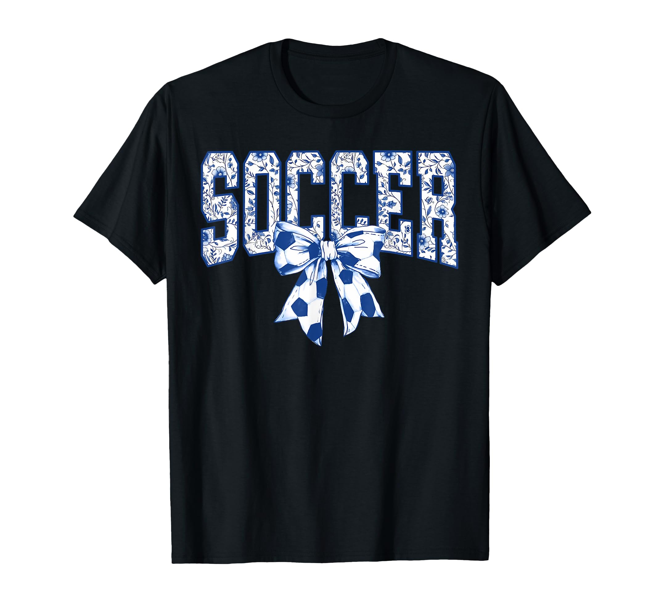 Soccer Floral Toile Blue Coquette Bow T-Shirt - Graphic Print Men Women