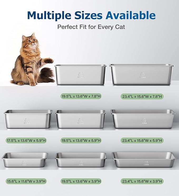 2 Pack Stainless Steel Cat Litter Box, 23.4" L×15.6" W×5.9" H, Metal Kitty Litter Box with High Sided for Big Cats, Non-Stick, Easy to Clean, Odor-Free