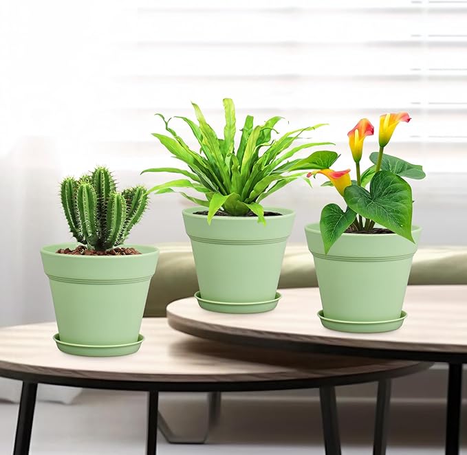 6 inch Plastic Nursery Pots, Seedling Pots, 16 Pack Plant Pots for Small Indoor Outdoor Plants, Flower Pots with Drainage Holes and Saucers, Decorative Planters for House Plants, Green