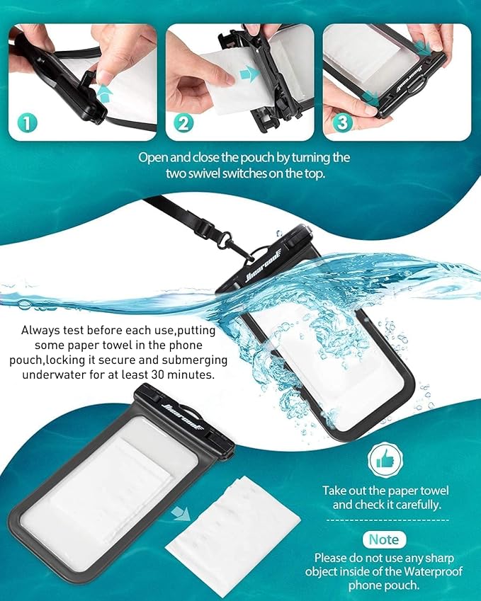 Hiearcool Universal Waterproof Phone Pouch Compatible for iPhone 17 16 15 14 13 Pro Max Plus Up to 8.3", IPX8 Beach Travel Essentials-Black&Purple-2Pack