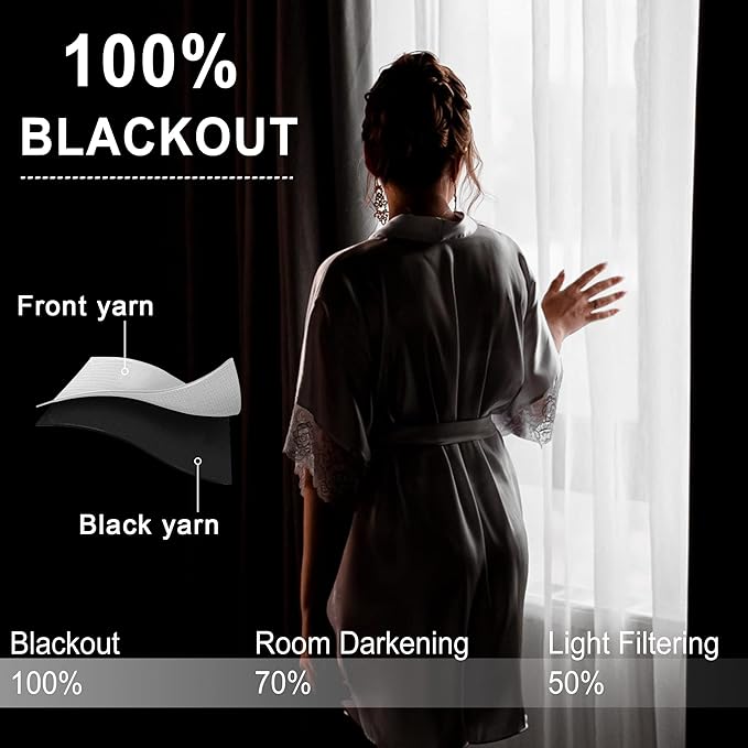 XWZO 100% Blackout Curtains with Tiebacks- Rod Pocket Heat and Full Light Blocking Window Panels & Thermal Insulated Draperies for Wide Large Window, Black, W60 x L84, Set of 2