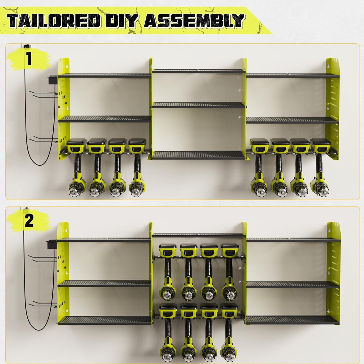 Power Tool Organizer with Charging Station Wall Mount, 3 Layer Expanded Heavy Duty Garage Organization, 45.5 Inch Length Garage Tool Storage, 8 Drills, 2 Assemble Method, Green