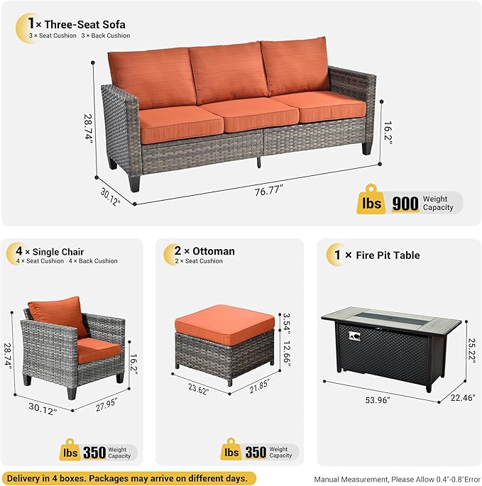ovios 8 Pieces Patio Furniture Set with 54" Fire Pit Table, Outdoor Wicker Sofa with Comfy Cushions, All Weather High Back Rattan Couch Conversation Set, Orange Red