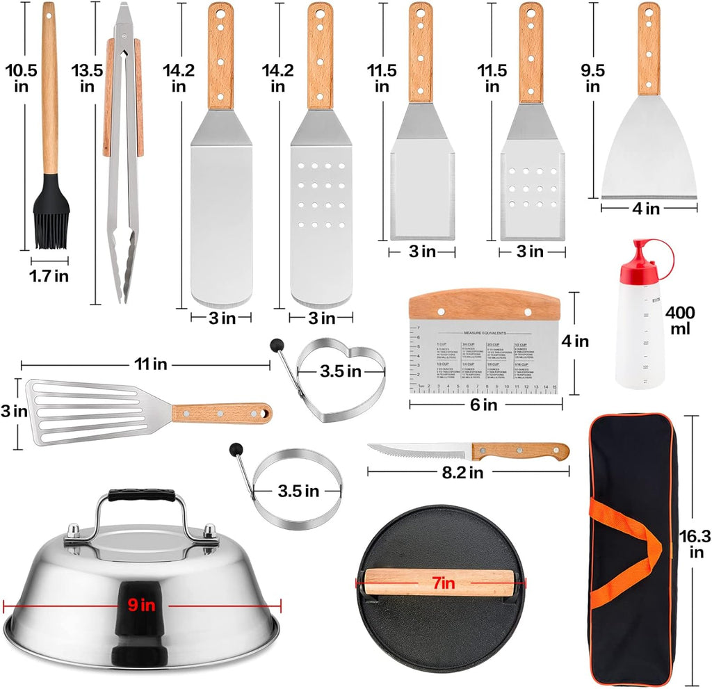HaSteeL Griddle Accessories Set of 20, Complete Stainless Steel Griddle Spatula Tools with 9” Melting Dome, Heavy Duty Metal Spatulas Choppers Cast Iron Grill Press for Flat Top Teppanyaki BBQ Outdoor