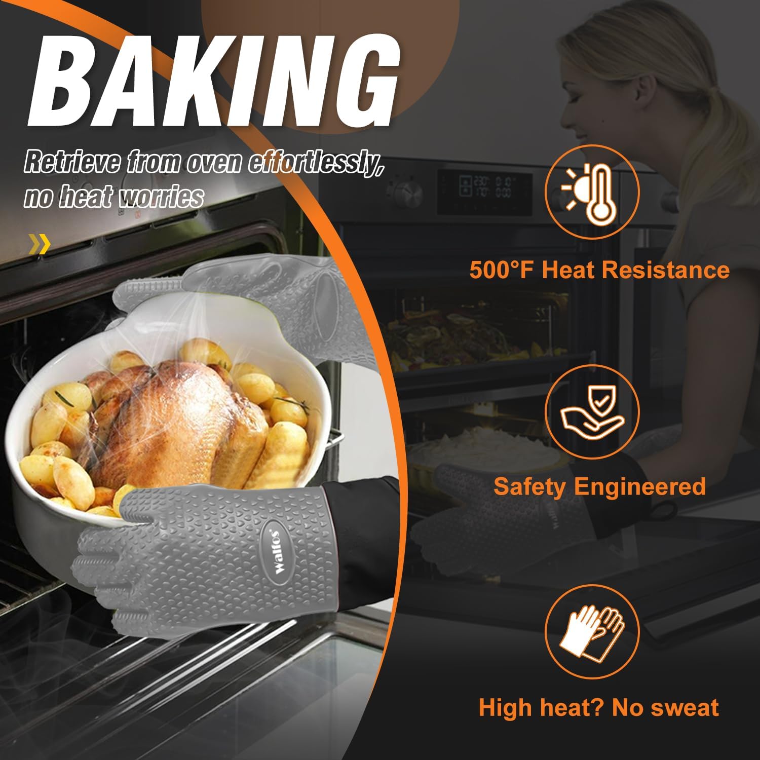Walfos Silicone BBQ Gloves - Heat Resistant Grilling Gloves, Premium Non-Slip Kitchen Silicone Oven Mitt with Protective Cotton Layer Inside, Waterproof, Great for Grilling, Kitchen and Cooking, Gray