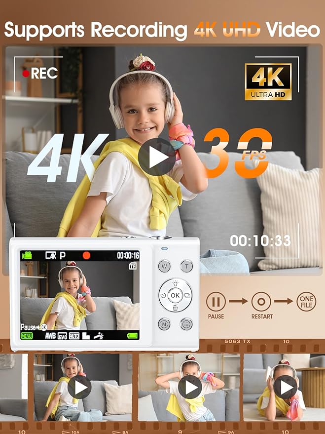 Digital Camera,Autofocus 4K Vlogging Camera for Photography with 32GB Card,48MP Portable Compact Point and Shoot Digital Camera for Teens Adult Beginner with 16X Zoom,Anti-Shake,2 Batteries(White)