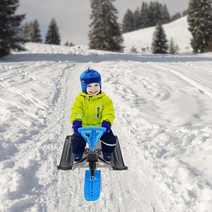 Snow Racer Sled for Kids, Dual Brakes Snowmobile Sled Ski with Steering Wheel, Snow Sledge for Skiing, Ice Skating, Sand Skating, Single Rider 45 x 20 x 15 inches