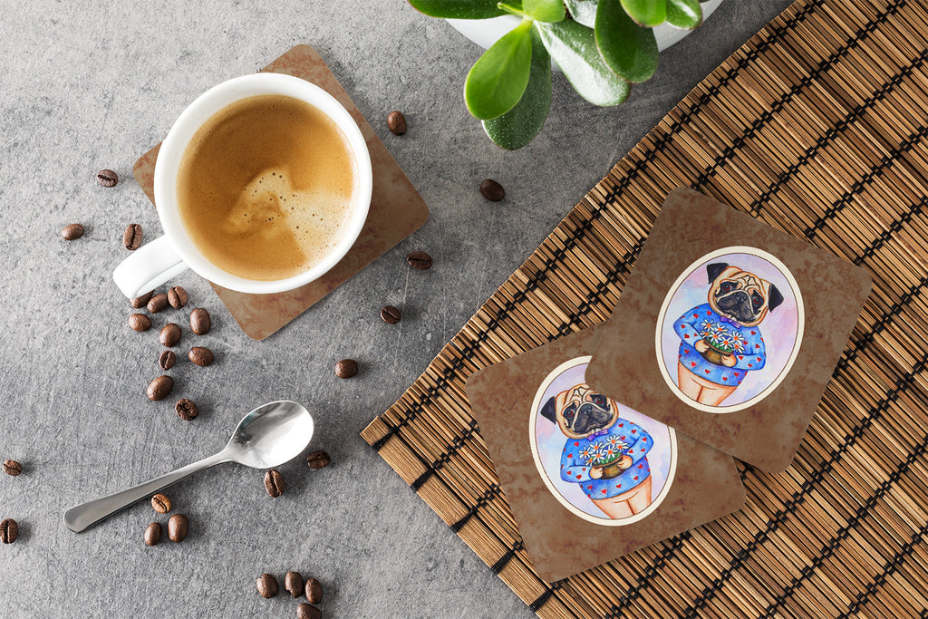 Pug Valentine's Hearts Foam Coasters Set of 4 Cup Coasters for Indoor Outdoor, Tabletop Protection, Anti Slip, Mouse pad Material
