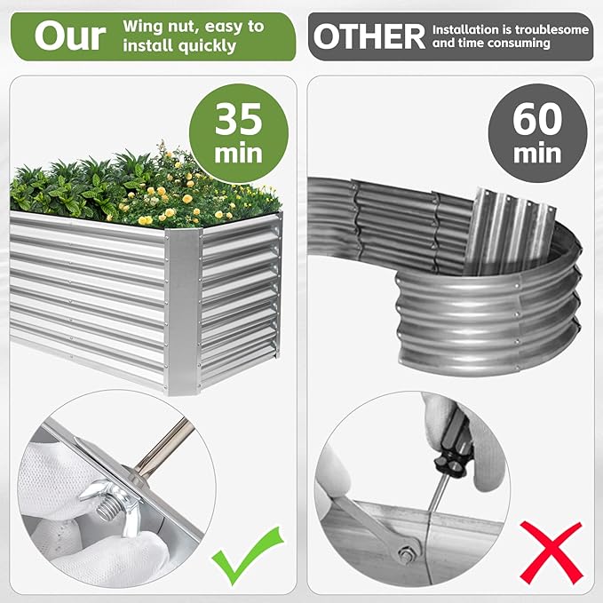 4x2x2ft (2 Pack) Raised Garden Bed - Galvanized Deep Root Planter Boxes Outdoor with Wing Nuts and Safety Edges for Gardening Vegetables, Flowers, Herbs, Succulents - Silver