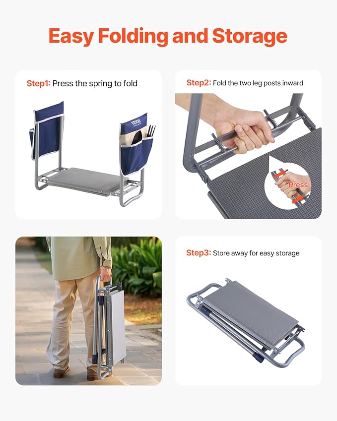 VEVOR Garden Kneeler and Seat Heavy Duty, Portable Garden Stool with 11'' EVA Kneeling Pad and 2 Tool Bags, Folding Garden Bench to Relieve Knee & Back Pain, Great Gifts for Seniors, Family Gardeners