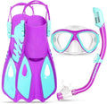 Kids Mask Fins Snorkel Set, Dry Top Snorkeling Gear for Kids Youth Boys Girls Junior Age 5-15 Tempered Glass Snorkel Mask Set Panoramic View Snorkeling Packages