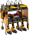 CCCEI Set Power Tool Organizer Wall Mount with Charging Station. Garage 4 Drill Storage Shelf with Hooks, Heavy Duty Metal Tool Battery Charger Organizer. Shop Utility Rack with Power Strip Yellow.