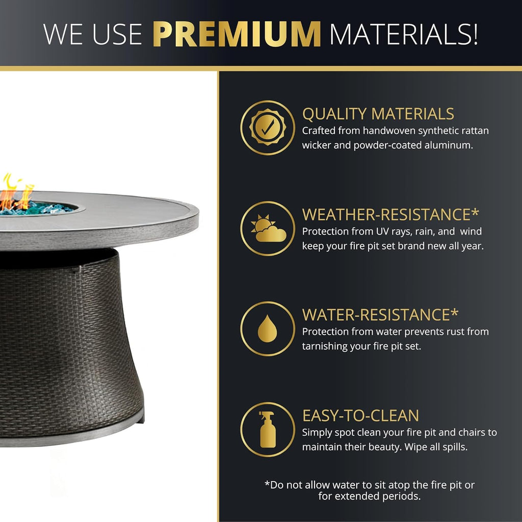 Mazatzal 7 Piece Wicker Patio Furniture Set with 52" Round Propane Gas Firepit Table, 6 Patio Chairs with Cushions, Outdoor Aluminum Conversation Set for Poolside, Backyard, CSA Certified, Gray