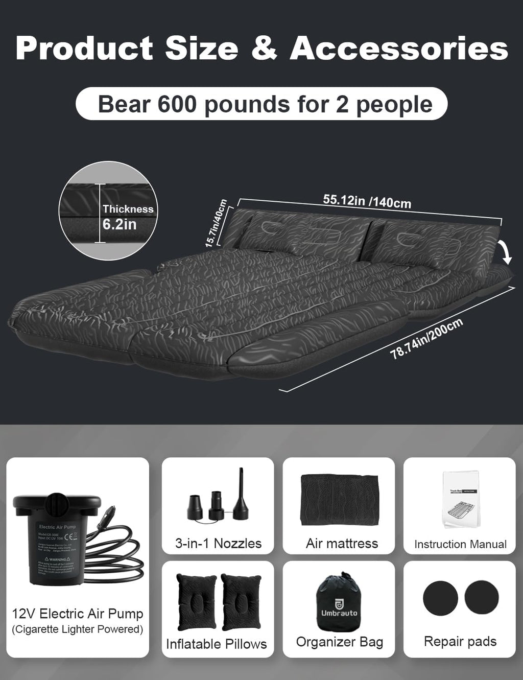 Umbrauto 63in Extended SUV Mattress Quick Inflate, Includes Pump & 2 Pillows,Grey