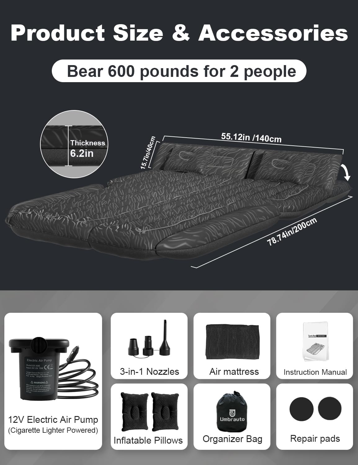 Umbrauto 63in Extended SUV Mattress Quick Inflate, Includes Pump & 2 Pillows,Grey