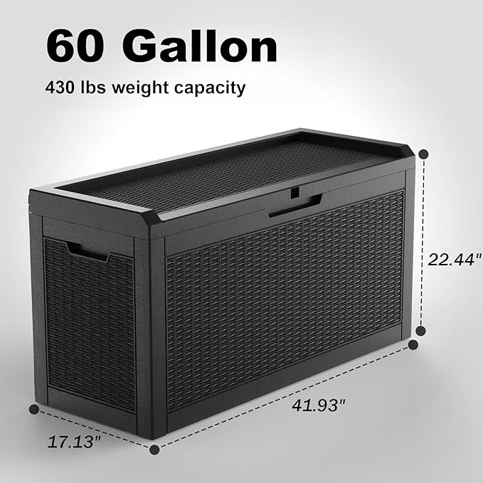 DRATO 60 Gallon Deck Box, Waterproof Resin Large Outdoor Storgae Box for Patio Furniture, Patio Cushions, Gardening Tools, Pool and Sports Supplies, Lockable