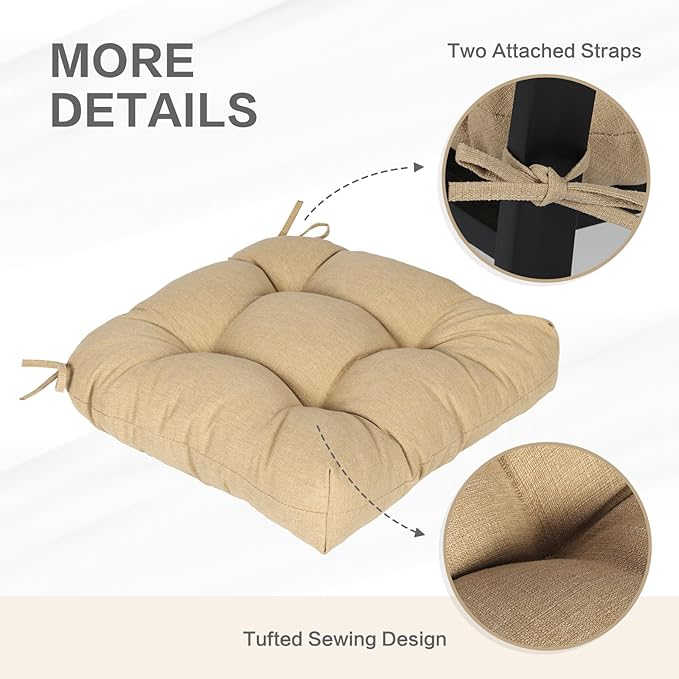 Aoodor 19" x 19" x 5" Tufted Outdoor Chair Cushions, Water Resistant & Fade Resistant Polyester Dining Chair Pads with 2 Straps for Patio Furniture, Set of 4