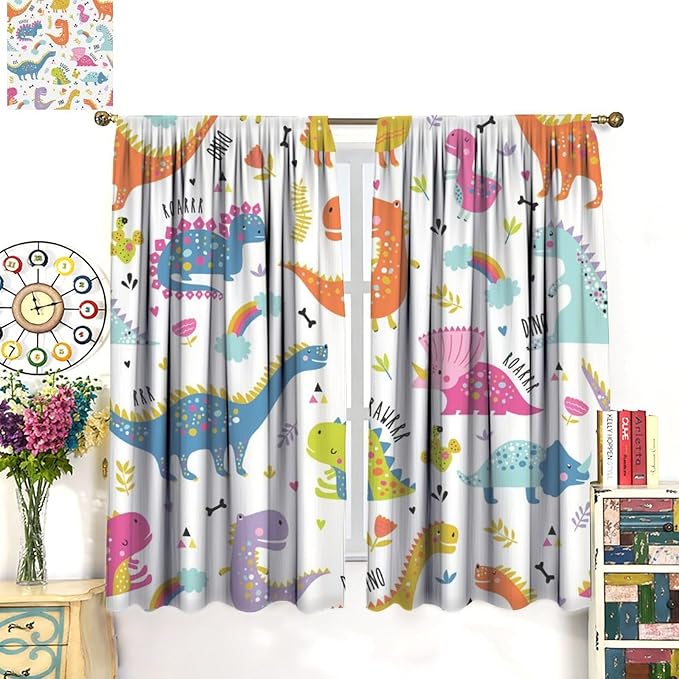 Cartoon Dinosaur Curtains for Boys Girls Home Decor Childish Cute Dino Animals Print Pattern Rod Pocket Blackout Window Drapes for Nursery Baby Bedroom Playroom W21xL45in Decor