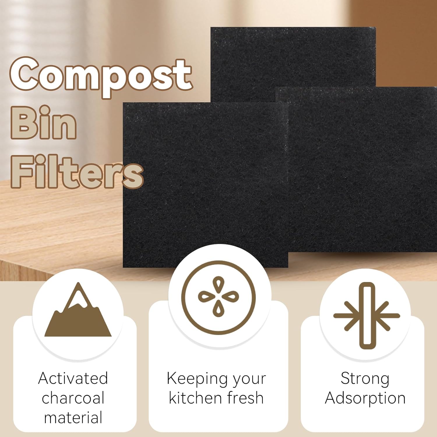 Biaungdo 12 Pack 5 Inch Sqaure Charcoal Filter Replacements, Black Kitchen Compost Bin Filters for Countertop Square Carbon Filter Bin Pail Replacement