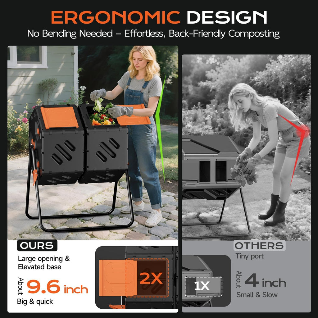Compost Bin 45 Gallon, Easy Assemble Composter Tumbler, Dual Chamber Large Compost Bin Outdoor for Fast Composting, 360°Rotating Composter for Outside, Garden, Backyard, and Yard