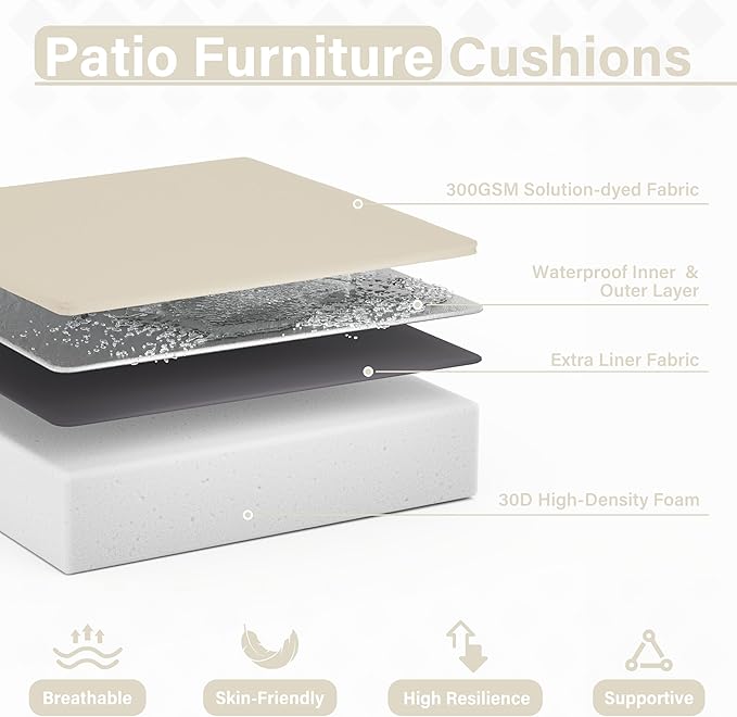 Patio Chair Cushions 24 X 24 X 5 Inch Waterproof Outdoor Seat Cushions for Patio Furniture, Outdoor Sofa Couch Pads with Ties & Handle, Set of 2, Cream