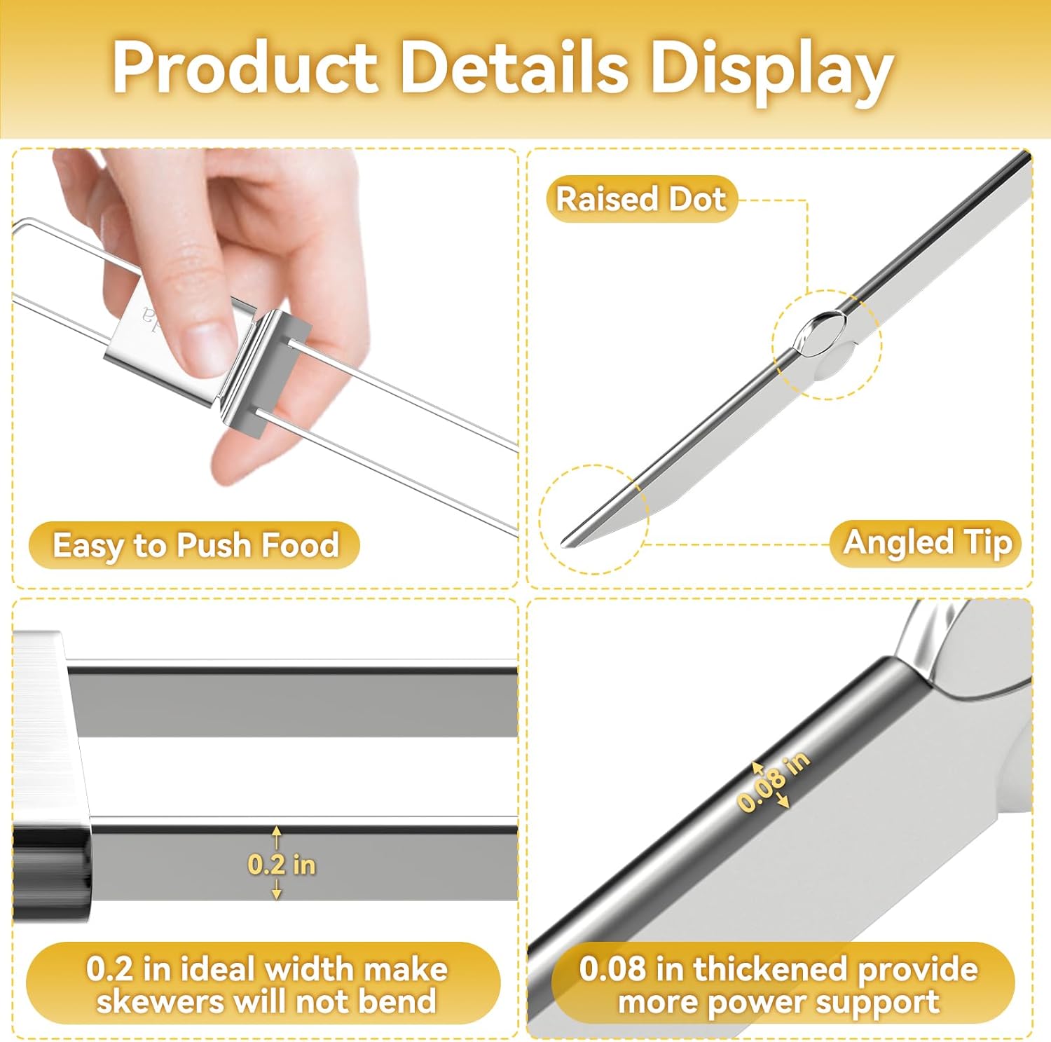 Skewers for Grilling- 17 inch (6 Pack) Double Pronged Flat Stainless Steel BBQ Skewer with Push Bar- Kabob Skewers Skewer Sticks for Camping or family - Reusable, BBQ Accessories