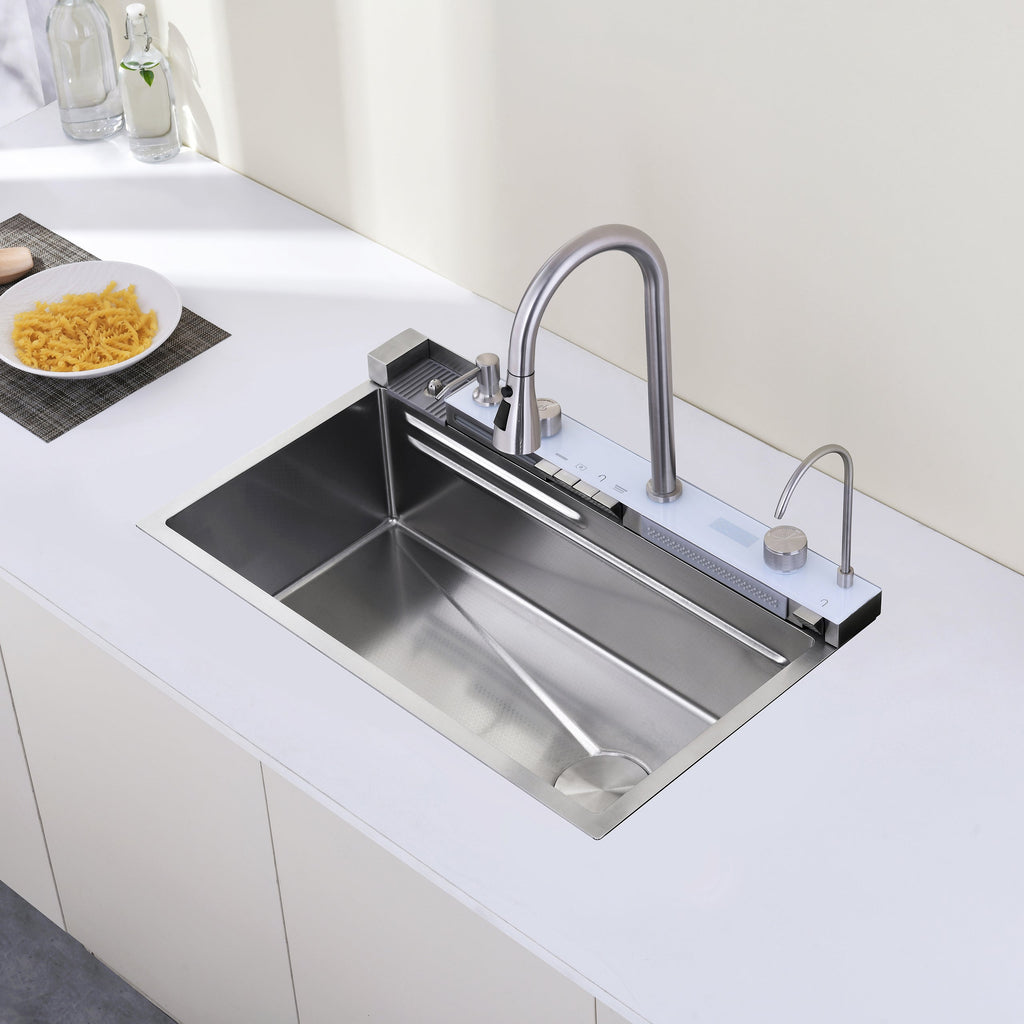 Pull-out Facuet Single Bowl Sink Kitchen Vegetable Sink 304 Whale Waterfall Sink Stainless Steel Dish Sink Vegetable Sink Household Vegetable Washing Basin, Dark Gray