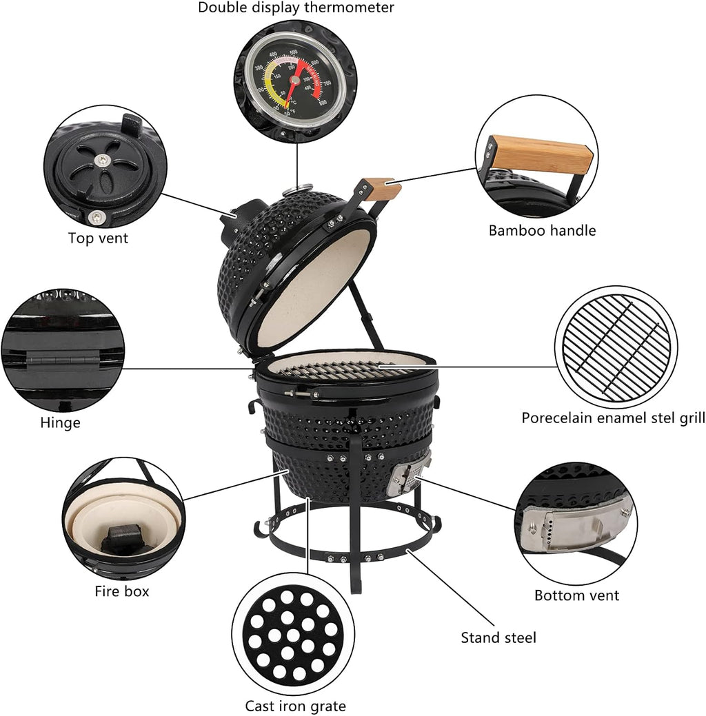 13" Round Ceramic Kamado Charcoal Grill - Heavy-Duty Black Outdoor BBQ Smoker with Heat Retention, Portable Egg Design for Grilling, Smoking, Baking & Roasting (Includes Ash Tool)