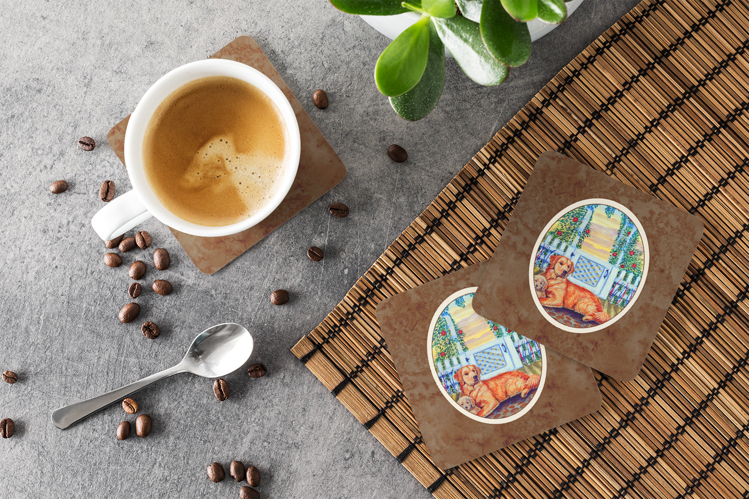 Golden Retriever and puppy at the fence Foam Coasters Set of 4 Cup Coasters for Indoor Outdoor, Tabletop Protection, Anti Slip, Mouse pad Material
