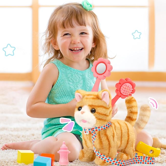Plush Toys Cat for Kids with Leash, Interactive Electronic Kitty That Walking,Meowing, and Tail Wagging, Stuffed Cat Christmas Birthday Gift for Boys and Girls