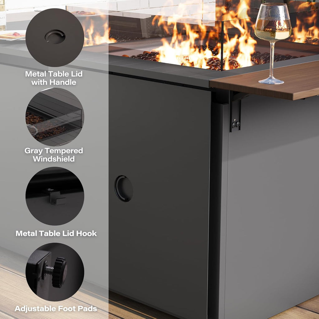 LAUSAINT HOME 64" Gas Fire Pit Table for Outside Patio, 55,000 BTU Propane Firepit with Expandable Tabletop & Wind Guard