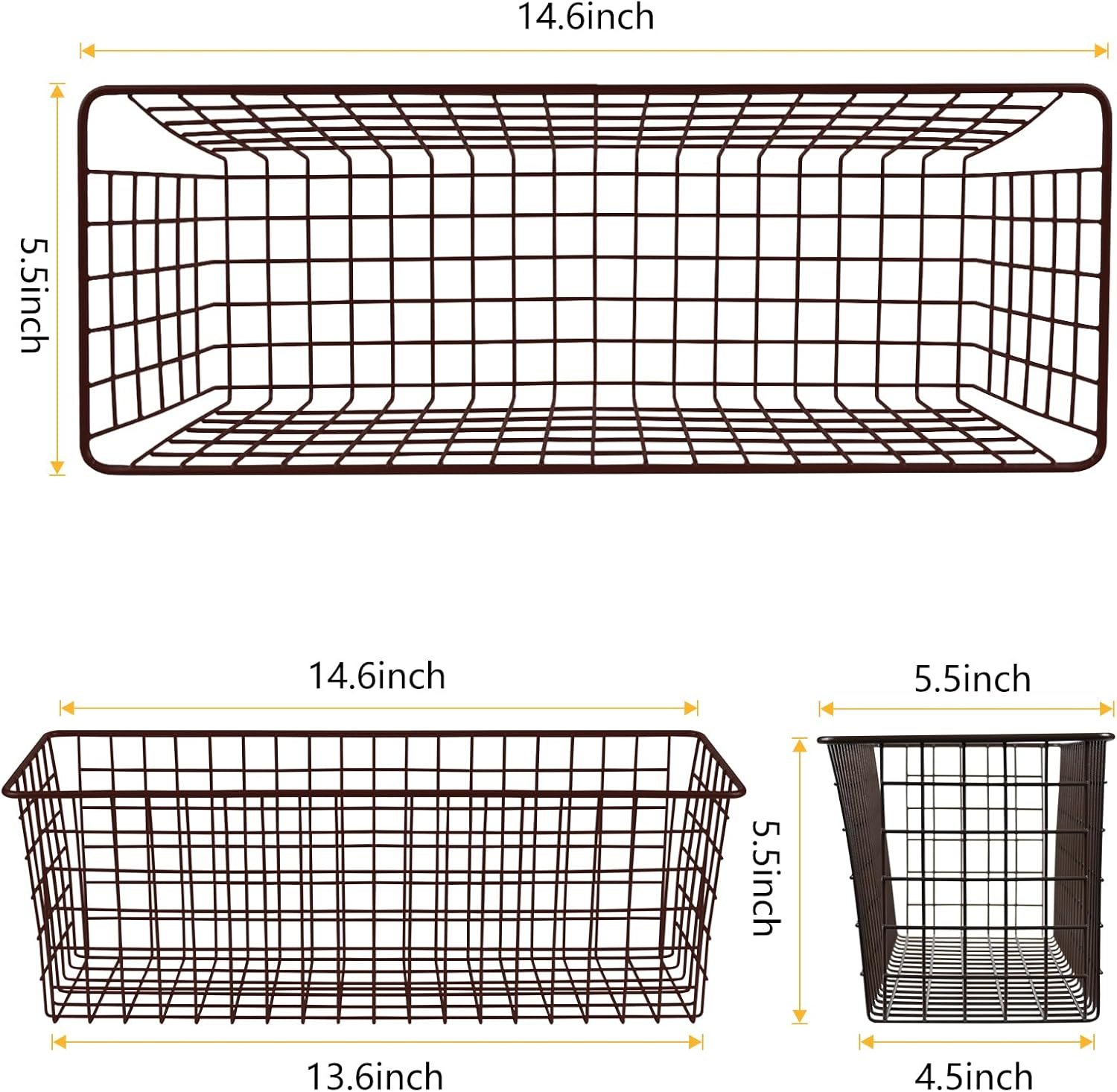 2 Sets Extra Large Hanging Wall Basket, Brown Metal Wire Baskets with Steel Hooks for Organizing, WallmountedFruit Vegetable Toy Snack Storage, Home Kitchen Bathroom Laundry Pantry Organizer