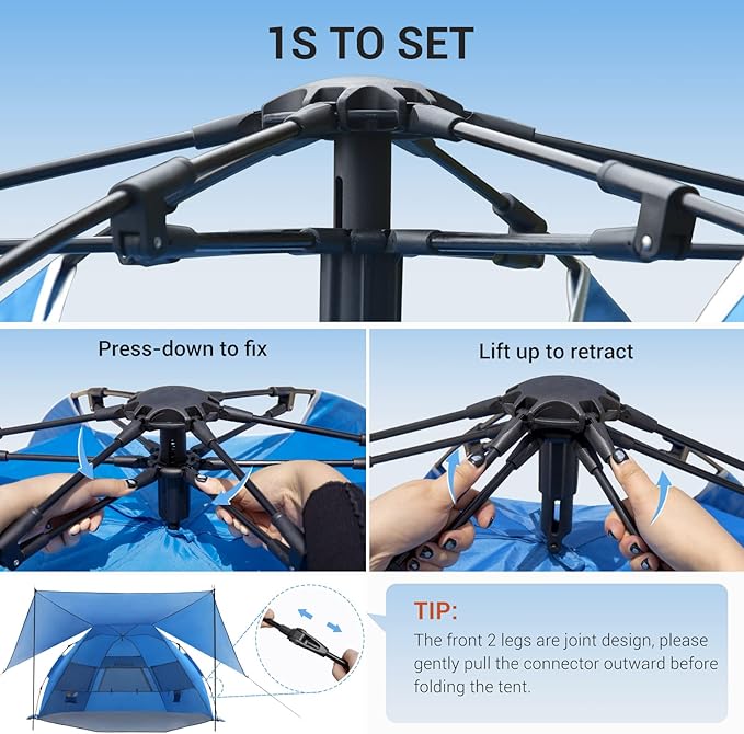 Elegear Beach Tent with Canopy, 1-Second Setup Pop Up Sun Shelter Shade, UPF 50+ UV Protection Silver-Coated Lightweight Portable Beach Cabana