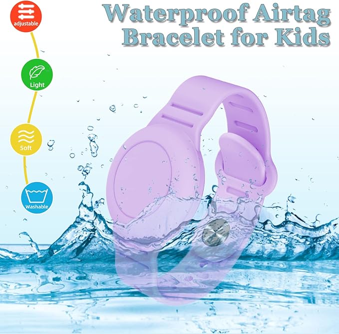 Kids Waterproof Airtag Bracelet Compatible with Apple AirTag, Hidden Silicon Protective Case for Air Tag GPS Tracker Holder, Adjustable Anti-Lost Watch Band for Toddler Child (Green & Purple)