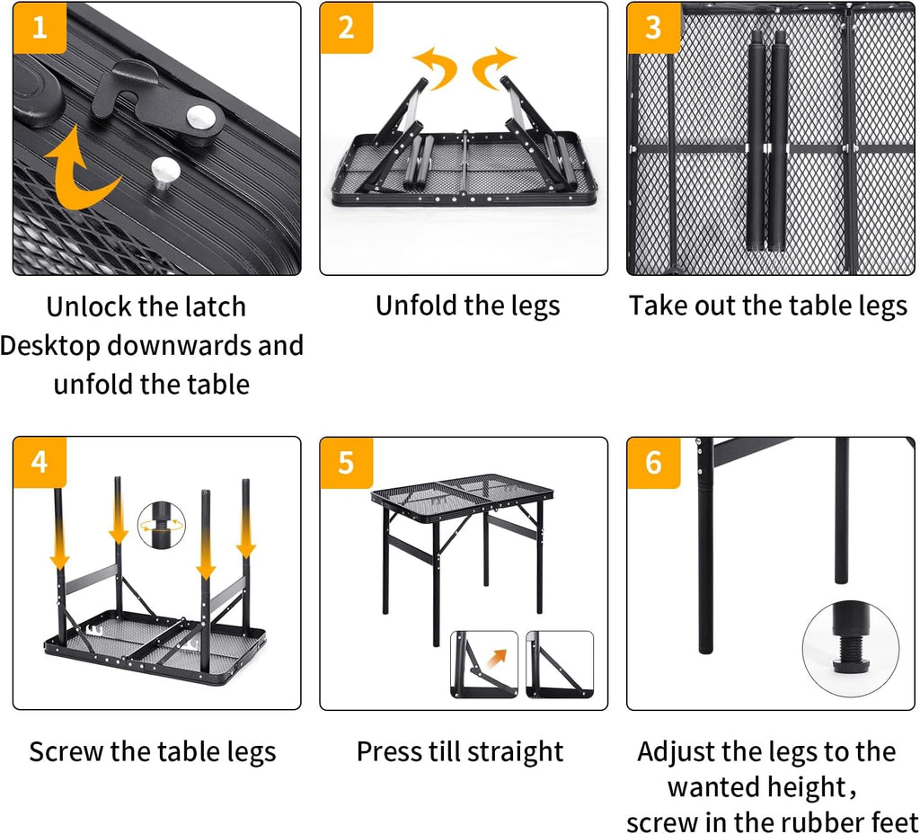 Grill Table Small Folding Table 2FT Foldable Camping Table Picnic Portable Mesh 2 Height Adjustable Outdoor Beach BBQ Black 23.6×15.7× 9.4/20.4inch